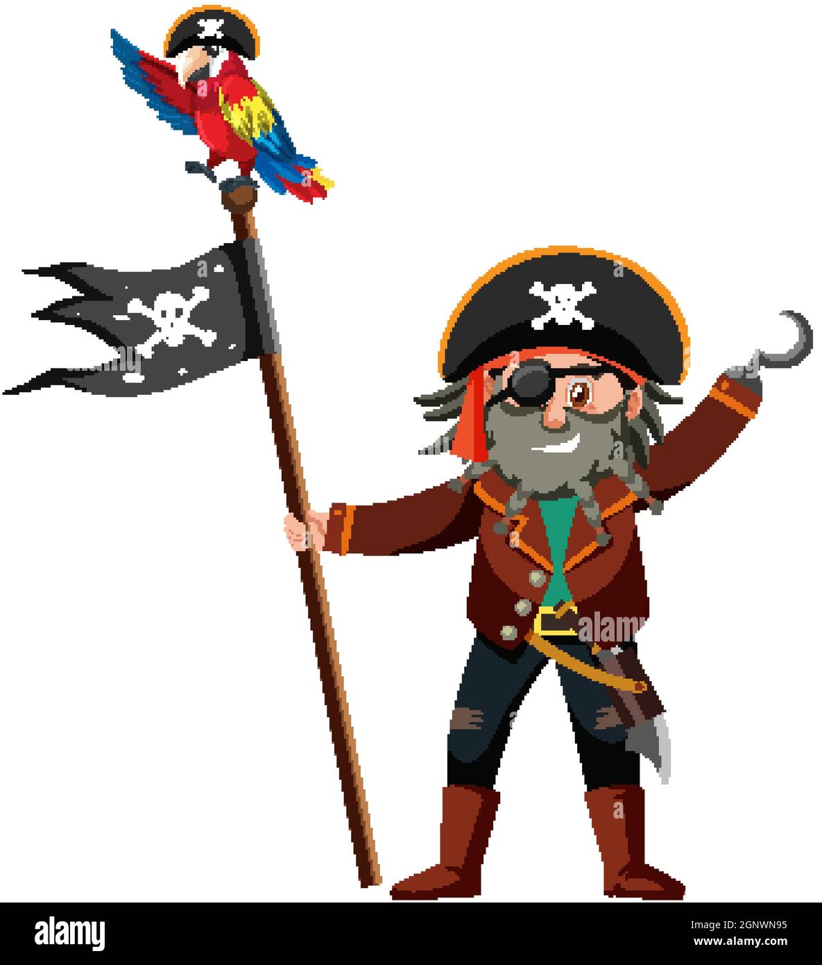 Personnage de dessin animé pirate du Capitaine crochet tenant le Jolly Roger isolé sur fond blanc d'illustration Illustration de Vecteur