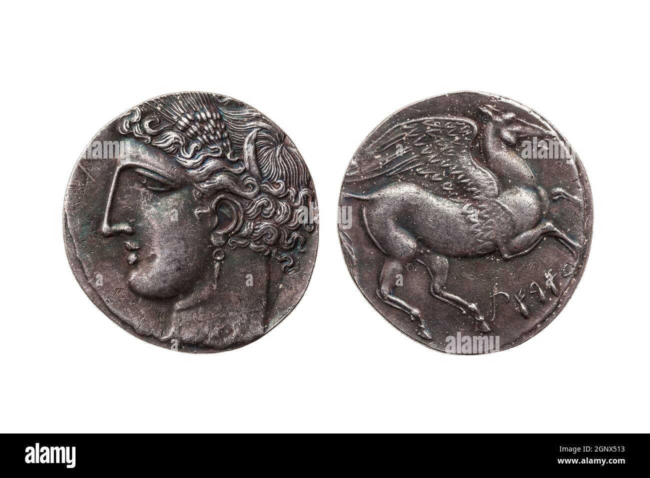Silver 5 shekel Carthaginian pièce de réplique avec le portrait de Tanit la déesse du ciel et le cheval ailé Pegasus au dos de la première Guerre Punique Banque D'Images