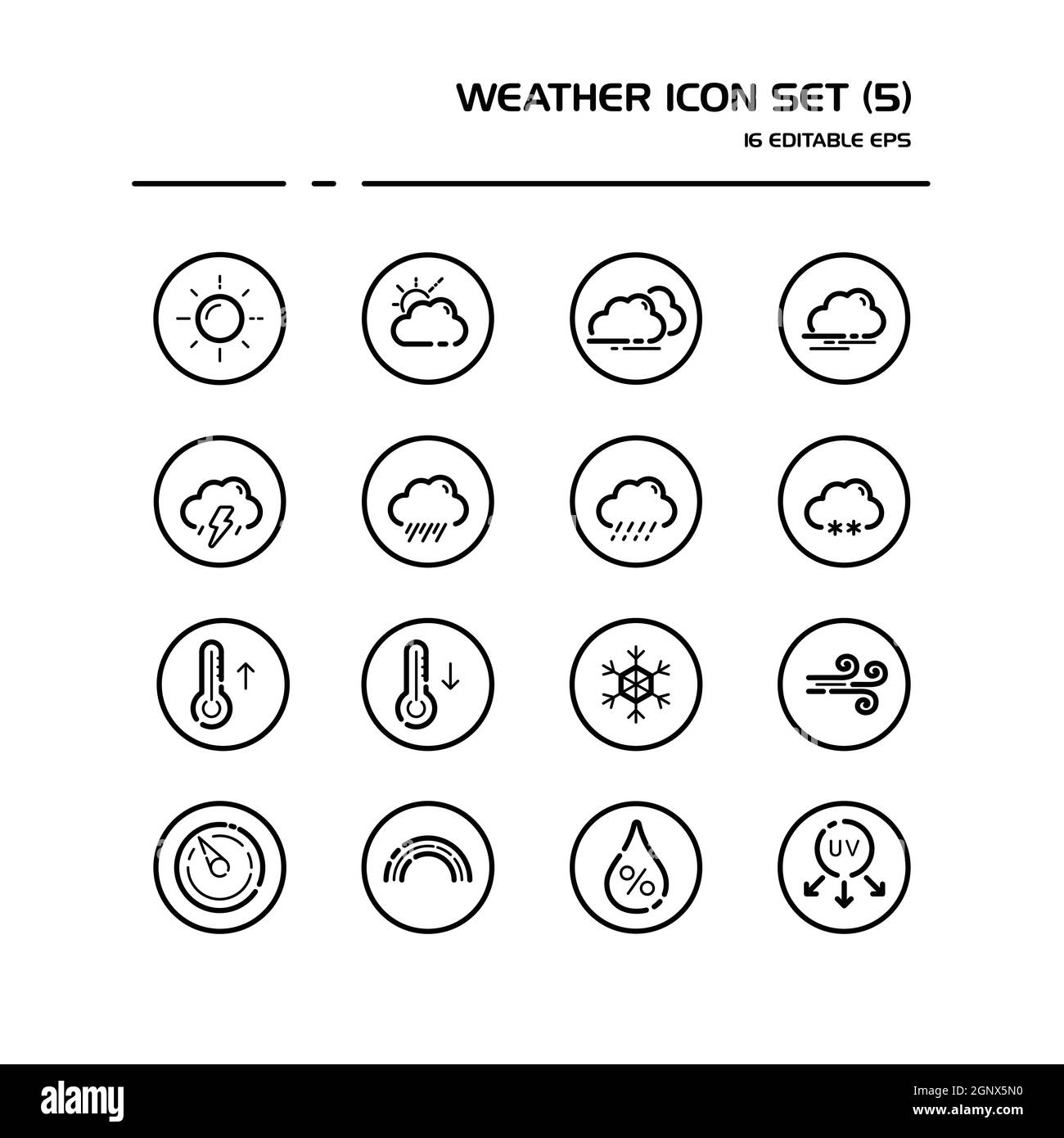 Icône de la ligne météo et météorologie définie dans un cercle. Soleil, nuages, température et pression. Illustration vectorielle Illustration de Vecteur