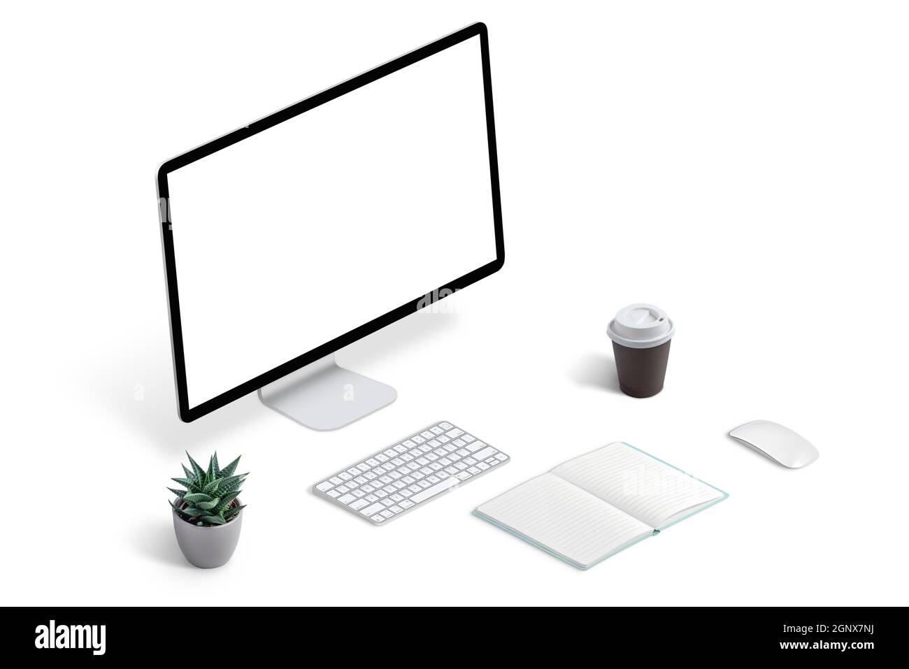 Espace de travail créatif avec maquette d'ordinateur, clavier, plante, café, souris et tapis. Concept de travail à domicile. Banque D'Images