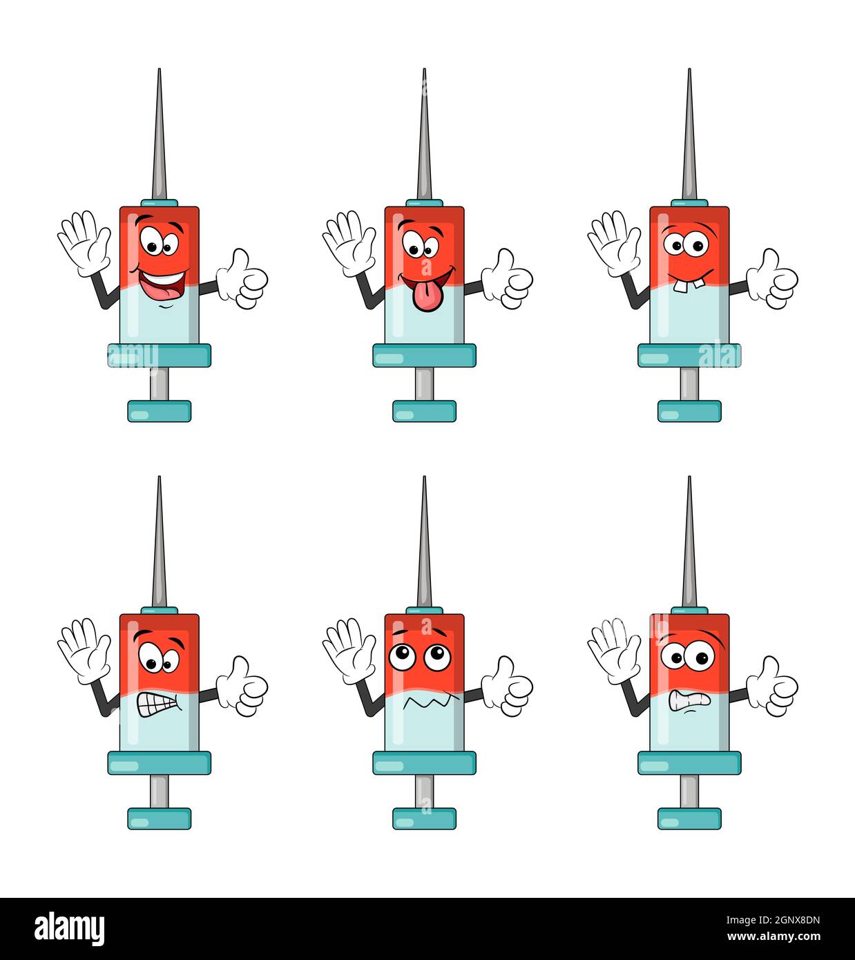 Jeu d'icônes de dessin animé de caractère de seringue. Collection de symboles de mascotte mignon de vaccin contre le coronavirus. Illustration vectorielle isolée sur fond blanc. Illustration de Vecteur