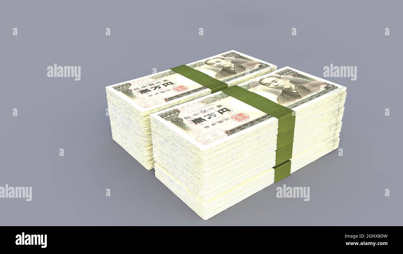 Le rendu 3d de 10000 lots de yens japonais s'empilent sur un arrière-plan simple Banque D'Images