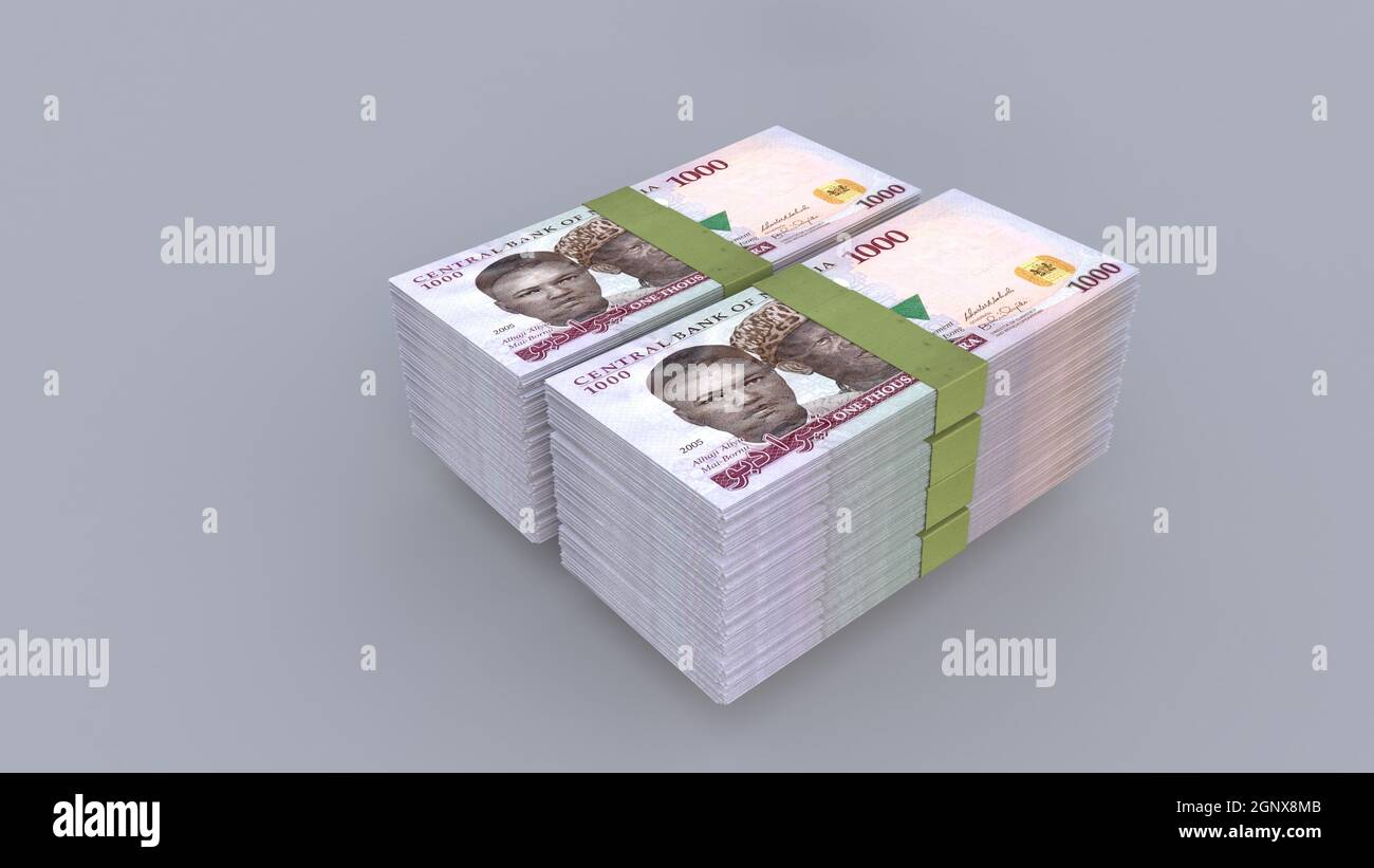 le rendu 3d de 1000 paquets naira s'empilent sur un arrière-plan simple Banque D'Images