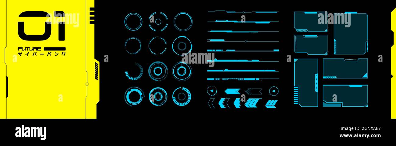 Ensemble d'éléments VR.Collection d'objets d'interface de type cyberpunk.Design futuriste pour votre application, logiciel, cadre.Vecteurs futurs Banque D'Images
