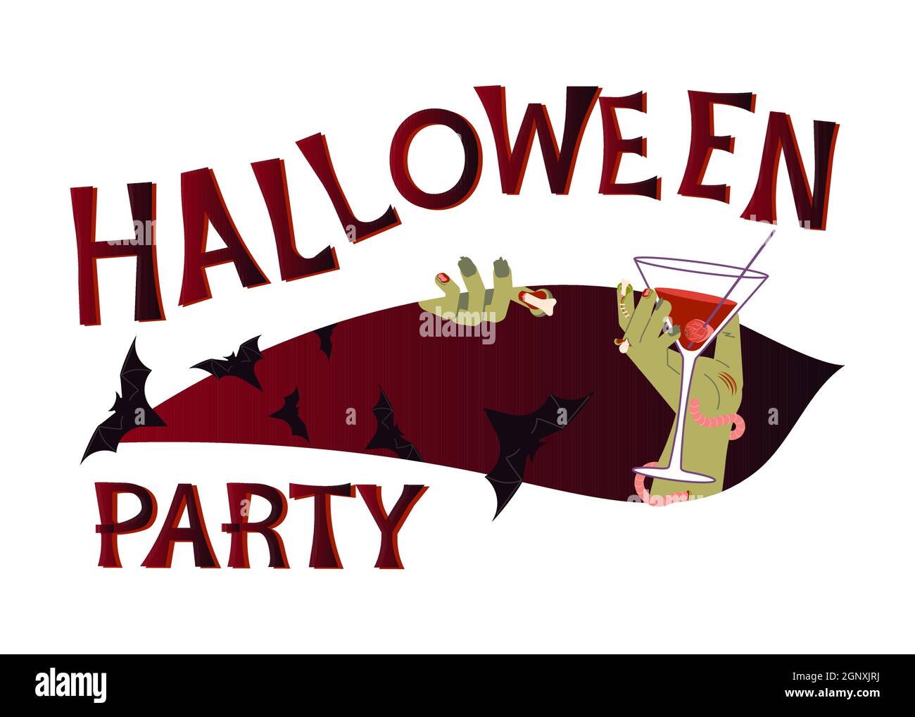 Affiche de fête d'Halloween. Main zombie lettering, mort tenant un cocktail sanglant isolé sur fond blanc. Illustration de vecteur d'art plat Illustration de Vecteur