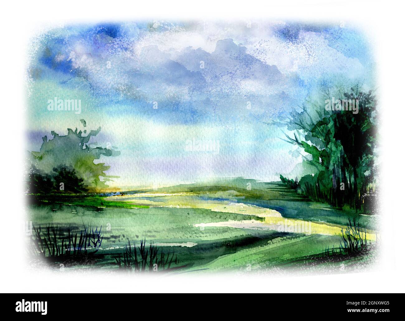 Paysage de source aquarelle avec ciel pluvieux, vue sur la rivière. Banque D'Images