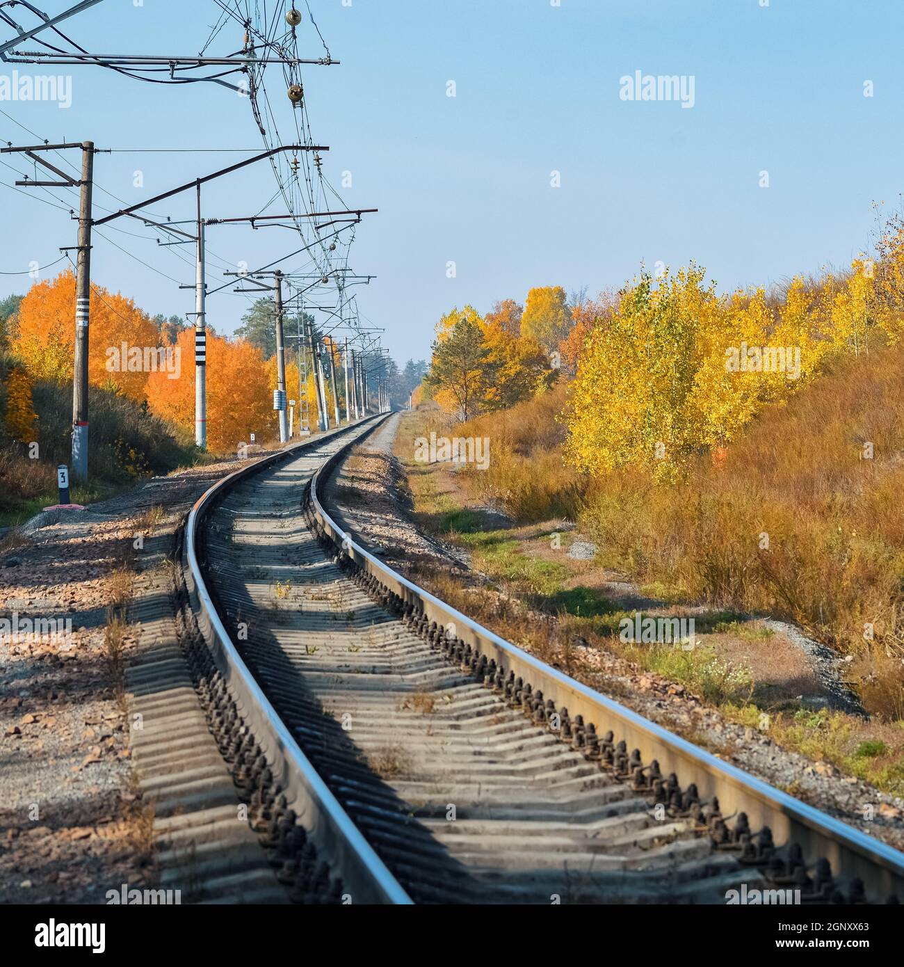 Le chemin de fer traverse une belle forêt d'automne avec des arbres colorés. La route tourne, le fond de chemin de fer. Banque D'Images