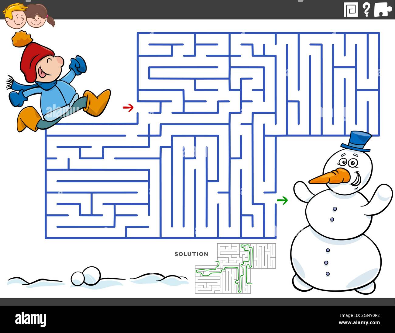 labyrinthe jeu éducatif avec garçon et bonhomme de neige Illustration de Vecteur