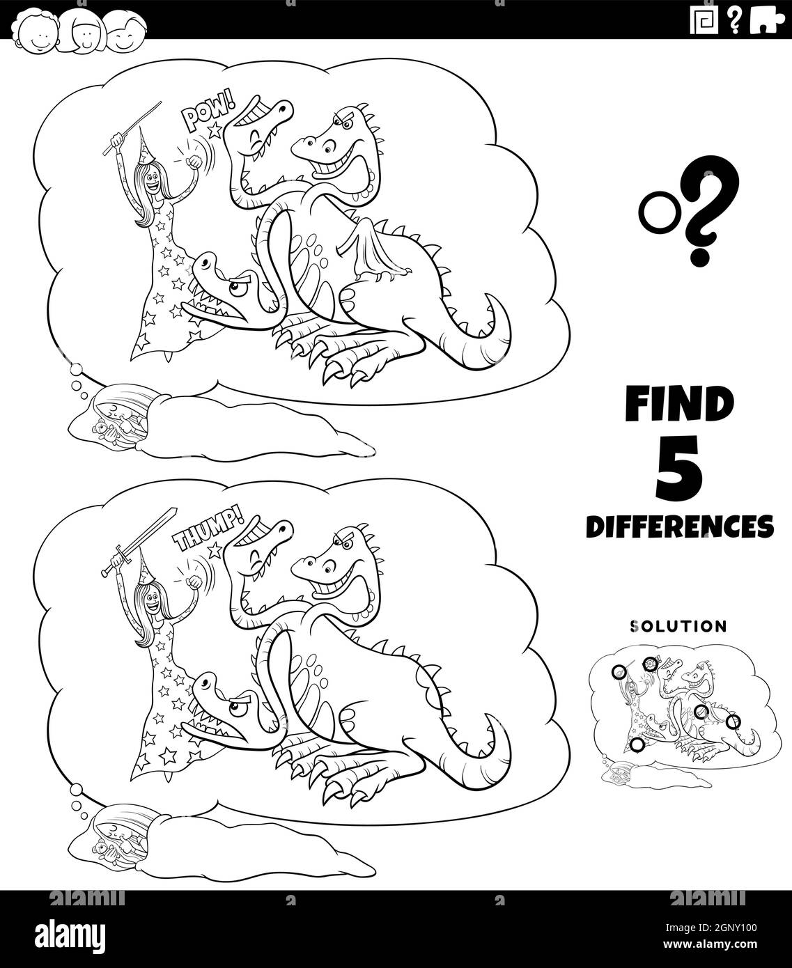 différences jeu éducatif avec fantasy rêve coloriage page de livre Illustration de Vecteur