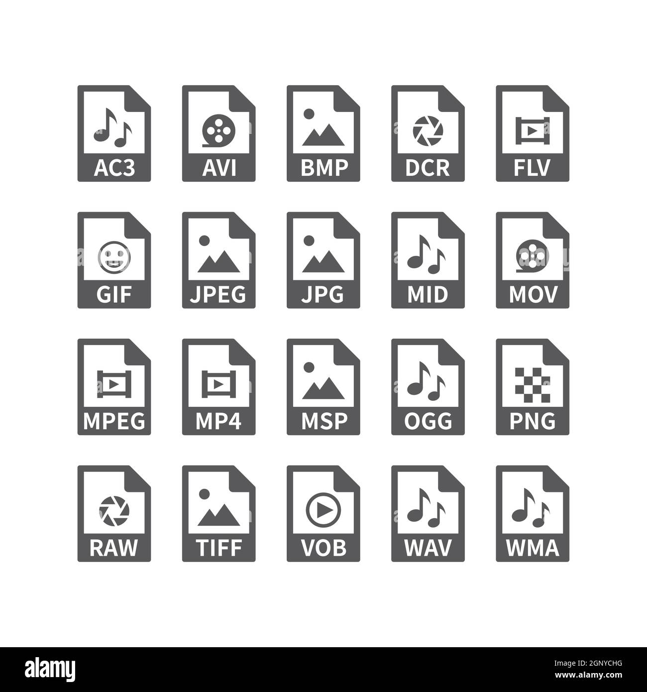 Icônes vectorielles de type de fichier pour les fichiers multimédia Illustration de Vecteur