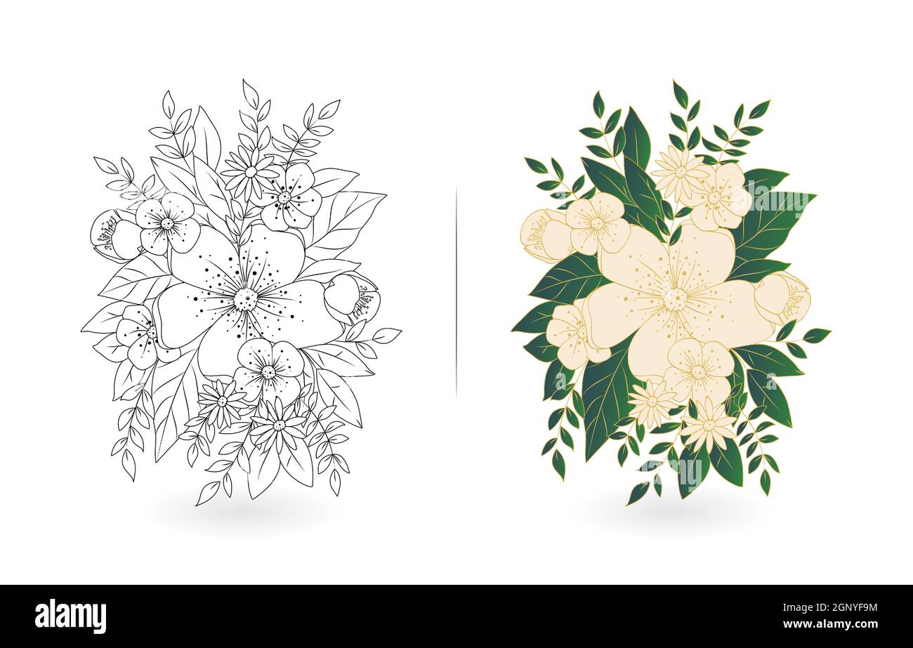 Fleurs lignes art design, Floral dessin à la main vecteur avec deux modèles couleurs monochrome et pastel, applicable pour les cartes d'invitation, cartes de vœux, prêt à imprimer. Illustration de Vecteur