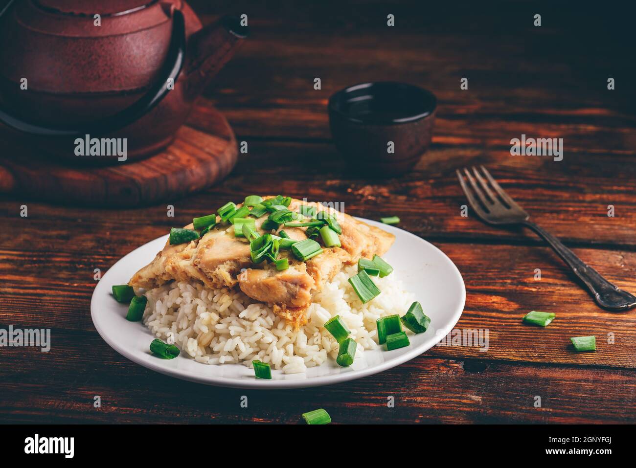 Oyakodon plat sur plaque blanche dans environnement champêtre Banque D'Images