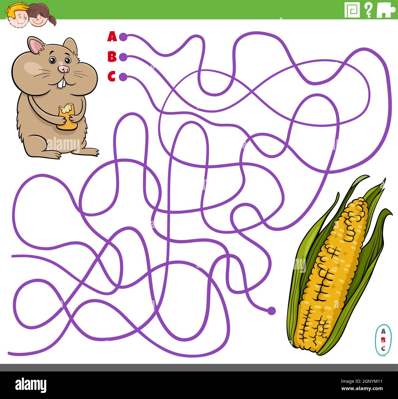 jeu de labyrinthe éducatif avec dessin animé hamster maïs rafle Illustration de Vecteur