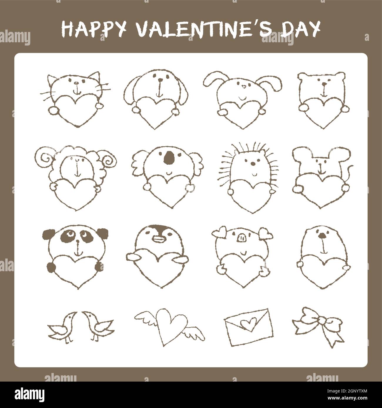 Ensemble animaux et coeurs mignon de Saint-Valentin dessiné à la main Illustration de Vecteur