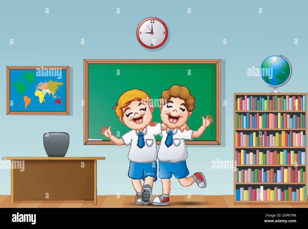 les enfants agitant la main devant la salle de classe avec embrace les uns les autres Illustration de Vecteur