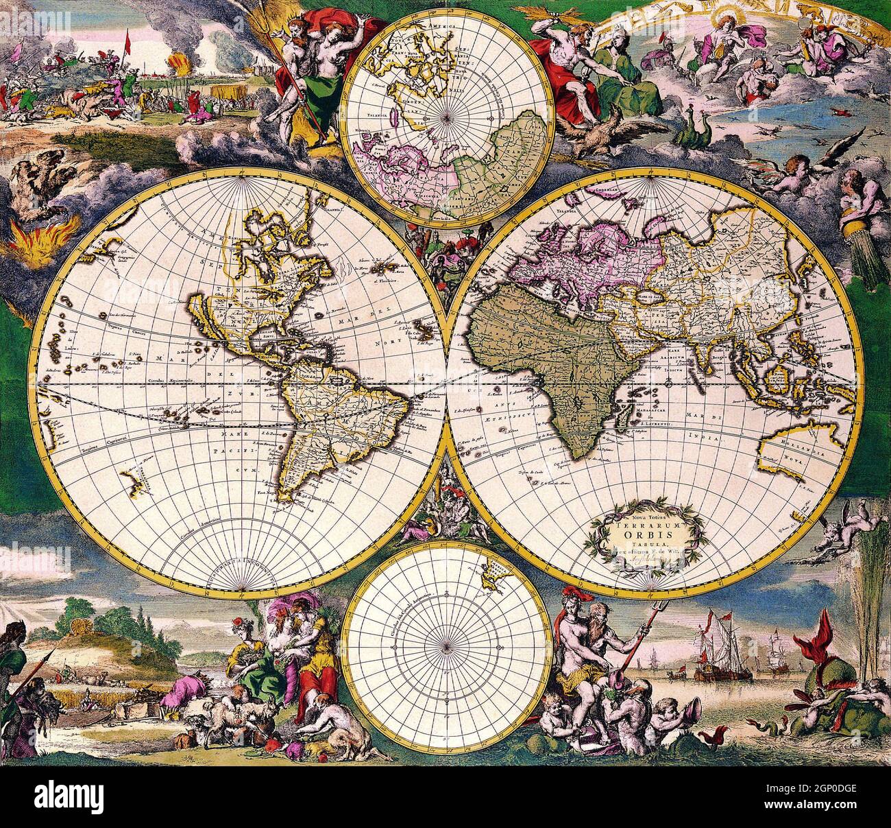 Cartes antiques de Vimtage du monde carte polaire du Double hémisphère  Frederick de Wit 17th 18e Photo Stock - Alamy
