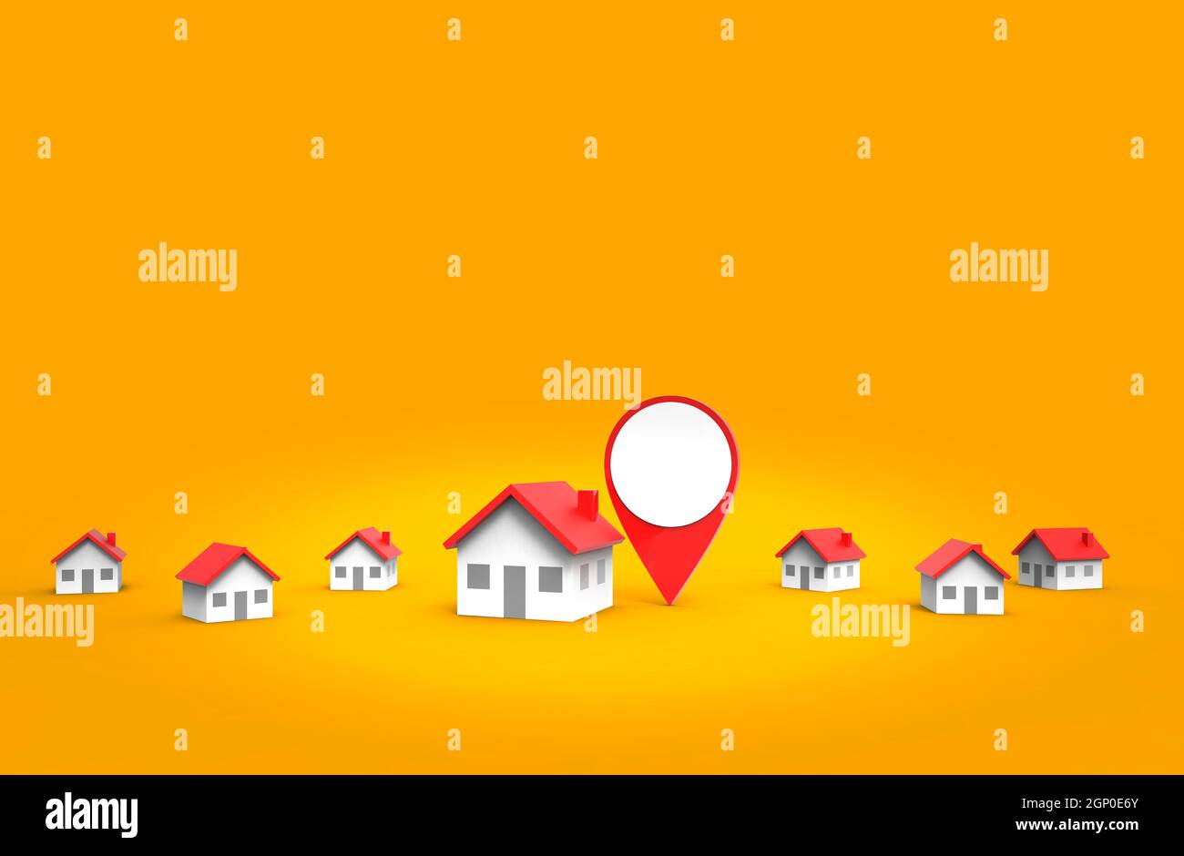 Icône d'emplacement et maison isolée sur fond orange. Illustration 3D. Banque D'Images