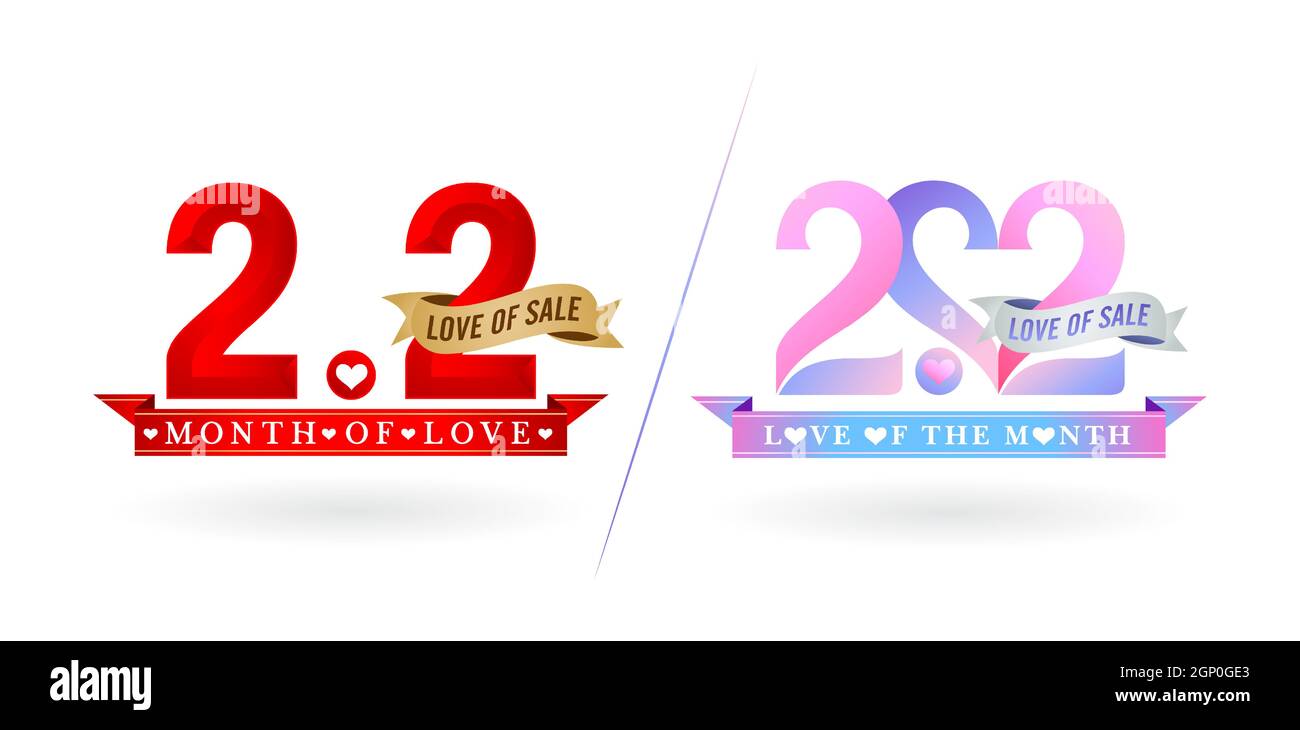 2.2 vente, 2.2 vente en ligne, mois de l'amour Vente dégradé rouge avec ruban doré et violet rose avec ruban argenté pour la conception d'affiche ou de prospectus, bannière de médias sociaux, promotion de boutique en ligne, bannière Web. Illustration de Vecteur