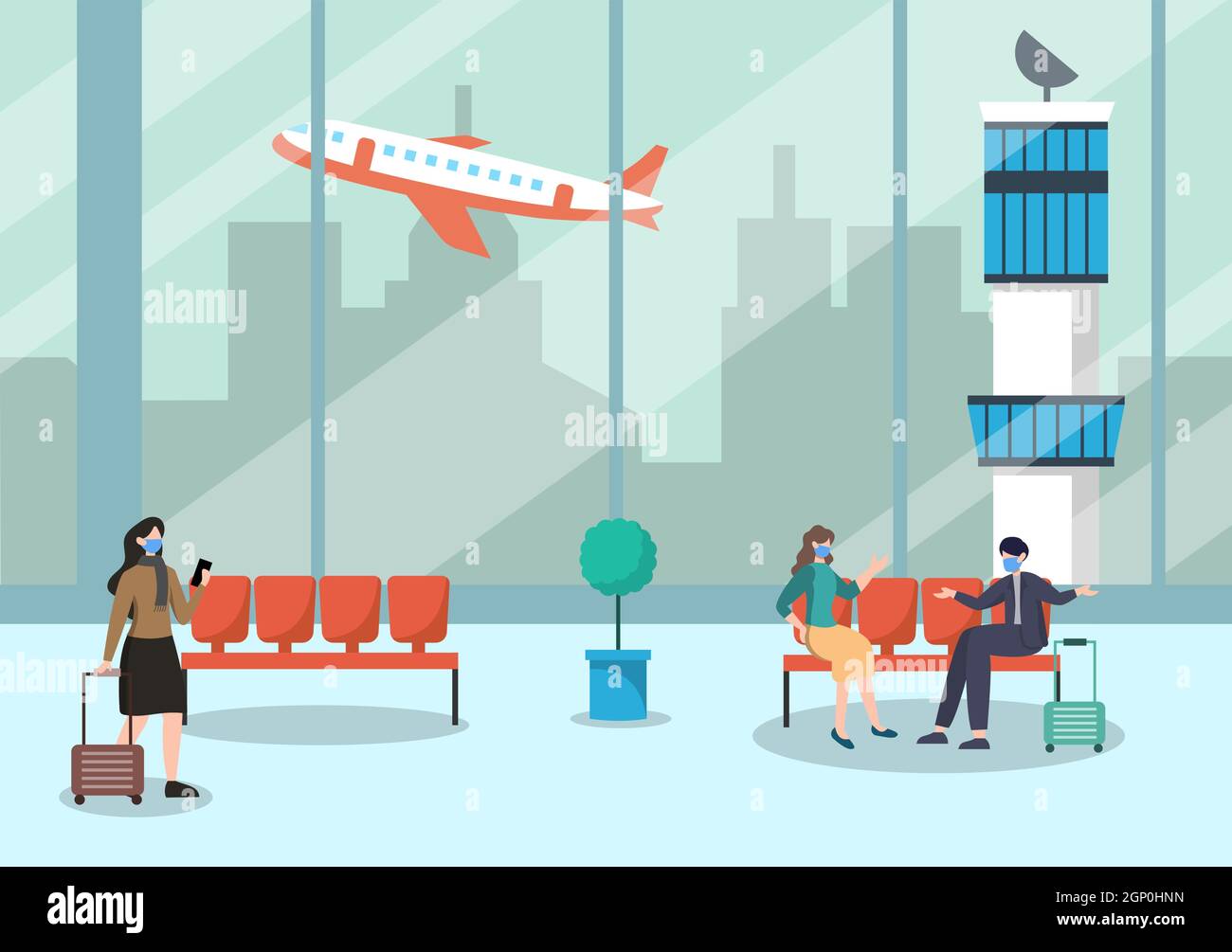 New norma, Vector illustration personnes en masques assis dans le terminal intérieur de l'aéroport, Business Travel concept. Conception plate. Illustration de Vecteur