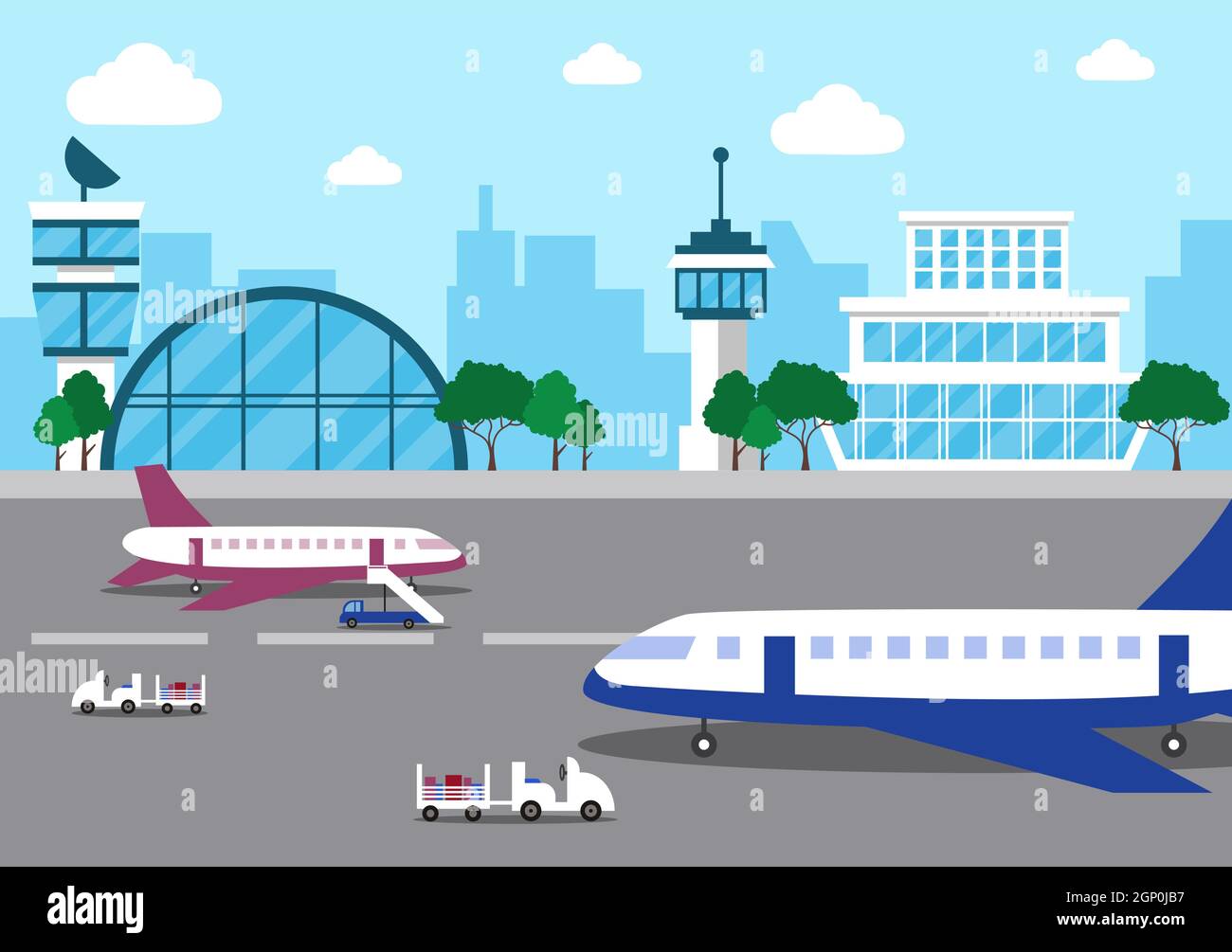 Bâtiment du terminal de l'aéroport avec vol d'avion d'infographie et différent Types de transport éléments modèles Illustration vectorielle Illustration de Vecteur