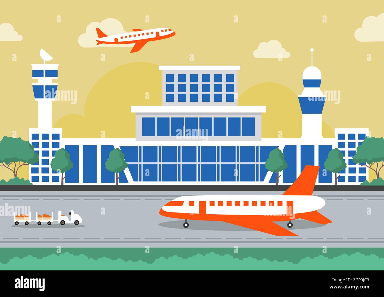 Bâtiment du terminal de l'aéroport avec vol d'avion d'infographie et différent Types de transport éléments modèles Illustration vectorielle Illustration de Vecteur