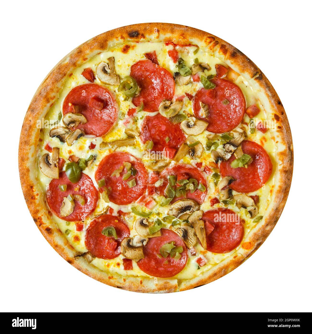 Pizza mexicaine isolée avec salami et jalapeno Banque D'Images