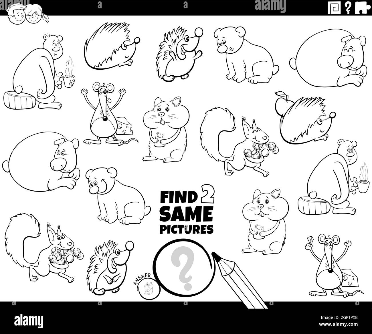 trouvez deux mêmes caractères animaux tâche coloriage page livre Illustration de Vecteur