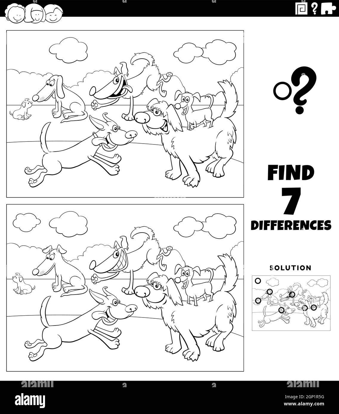 jeux de différences avec heureux chiens page de livre de coloriage Illustration de Vecteur