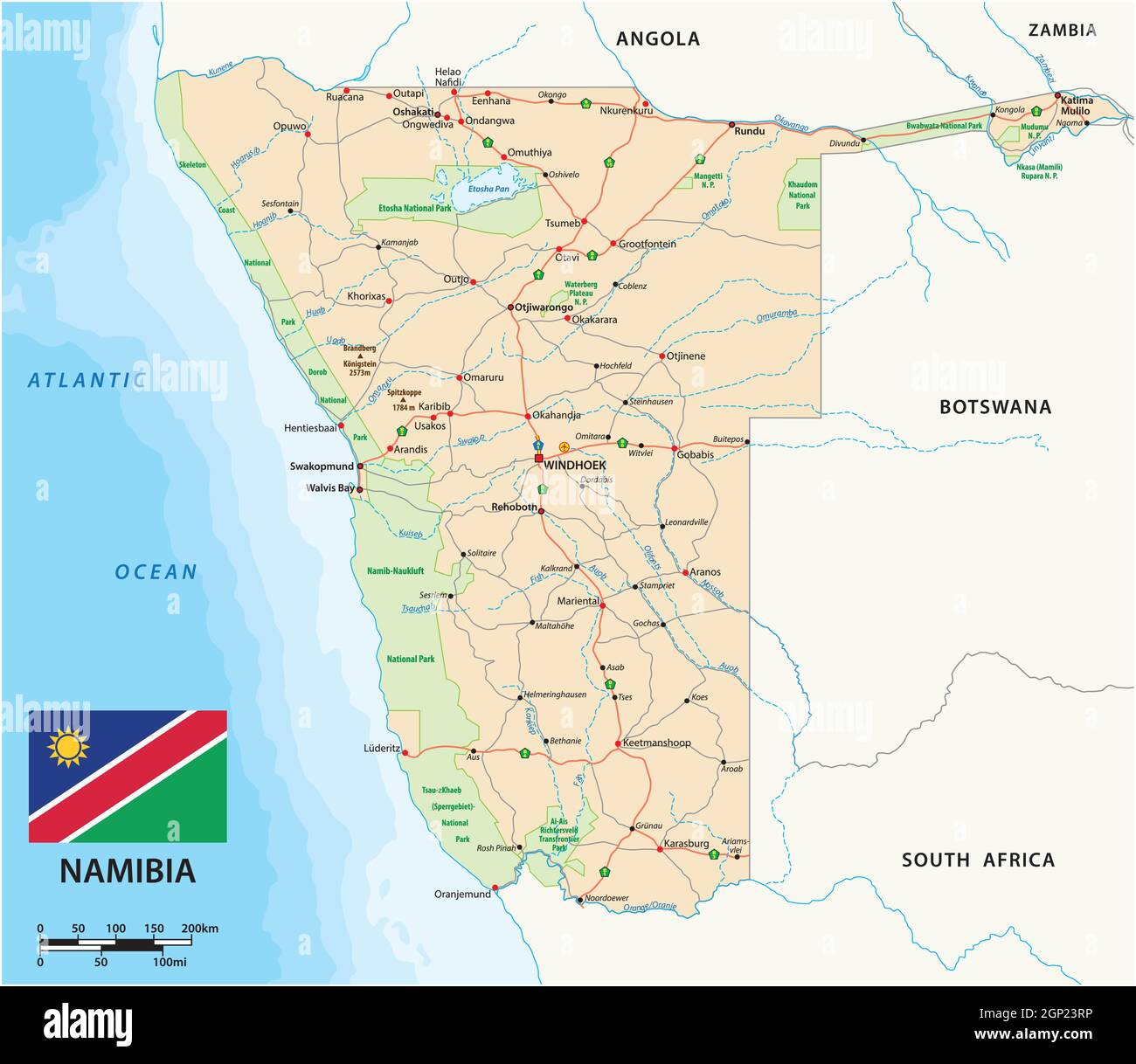 Carte routière vectorielle de la Namibie avec drapeau Illustration de Vecteur