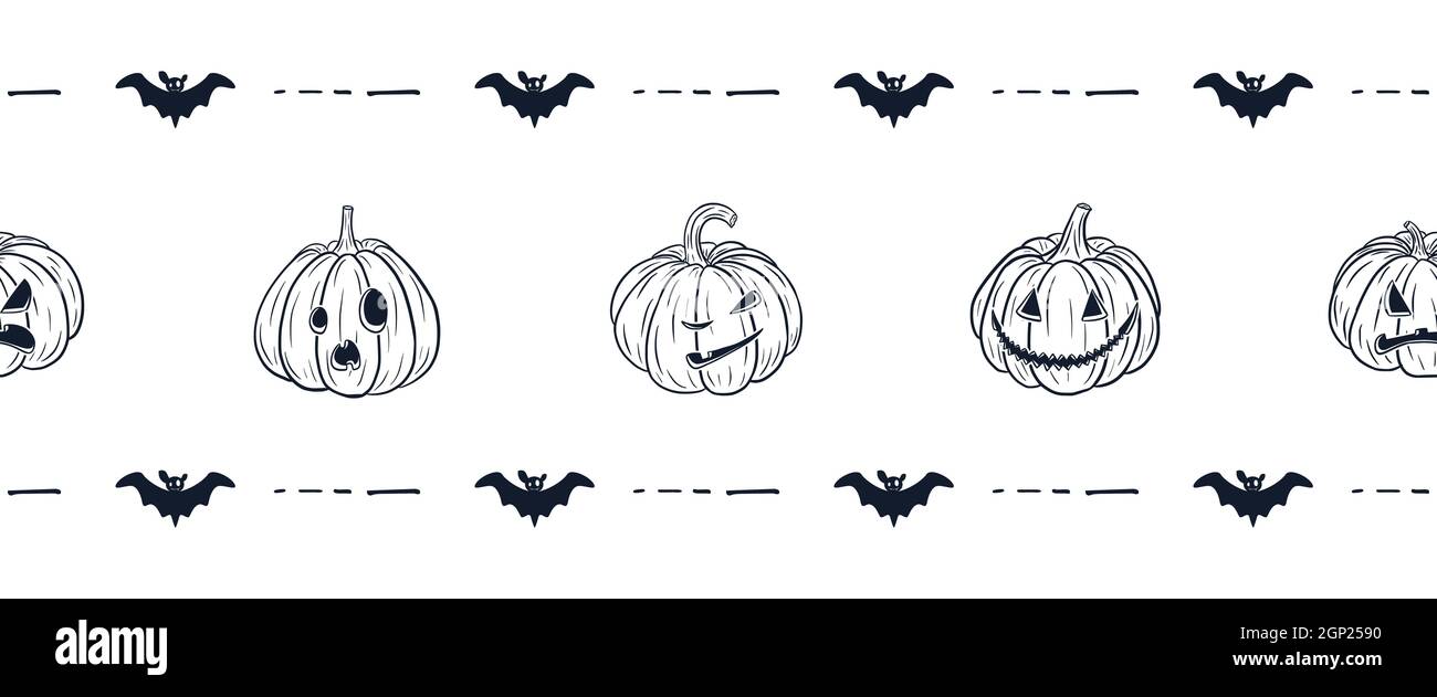 Bonne bordure pour Halloween. Style dessin animé. Des citrouilles effrayantes avec des visages. Lanterne de citrouille et bordure de Bat pour la décoration et le design automnaux. Vecteur Premium Illustration de Vecteur
