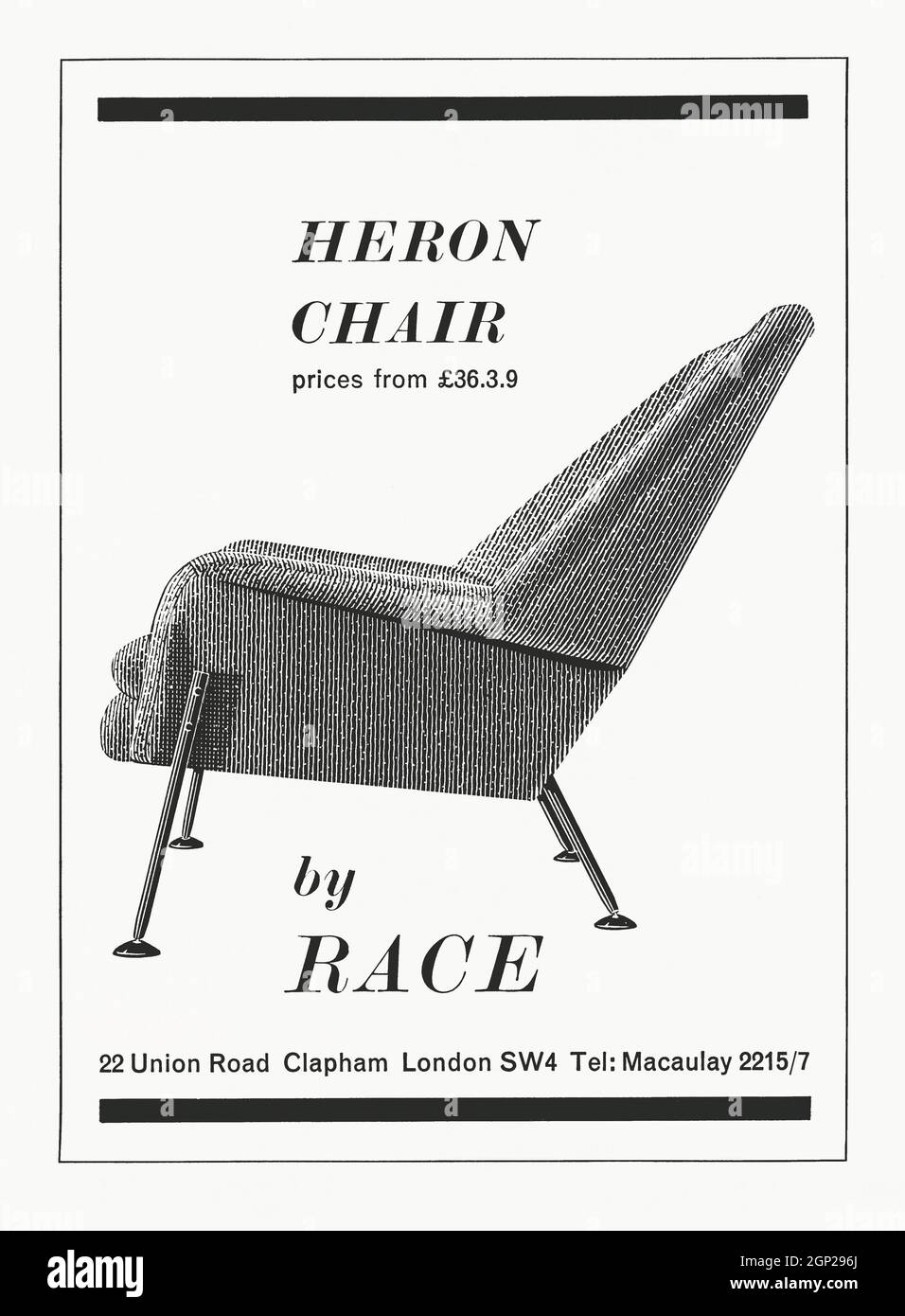 Une publicité des années 1960 pour l'élégante chaise Heron, conçue par Ernest Race. Ernest Race (1913-1964) est un designer anglais de textiles et de meubles, né à Newcastle-upon-Tyne. Ses conceptions les plus connues sont la chaise en aluminium BA3 de 1945 et l'Antelope, conçue pour le Festival de Grande-Bretagne en 1951. La course a continué d'étudier de nouveaux matériaux avec les chaises Heron & Flamingo, le Flamingo ayant remporté le prix du Design Center Award en 1959 en raison de son utilisation habile de matériaux modernes. Le Heron se distingue du Flamingo par la position des jambes et l'ajout de coussins amples – vintage graphiques des années 1960. Banque D'Images