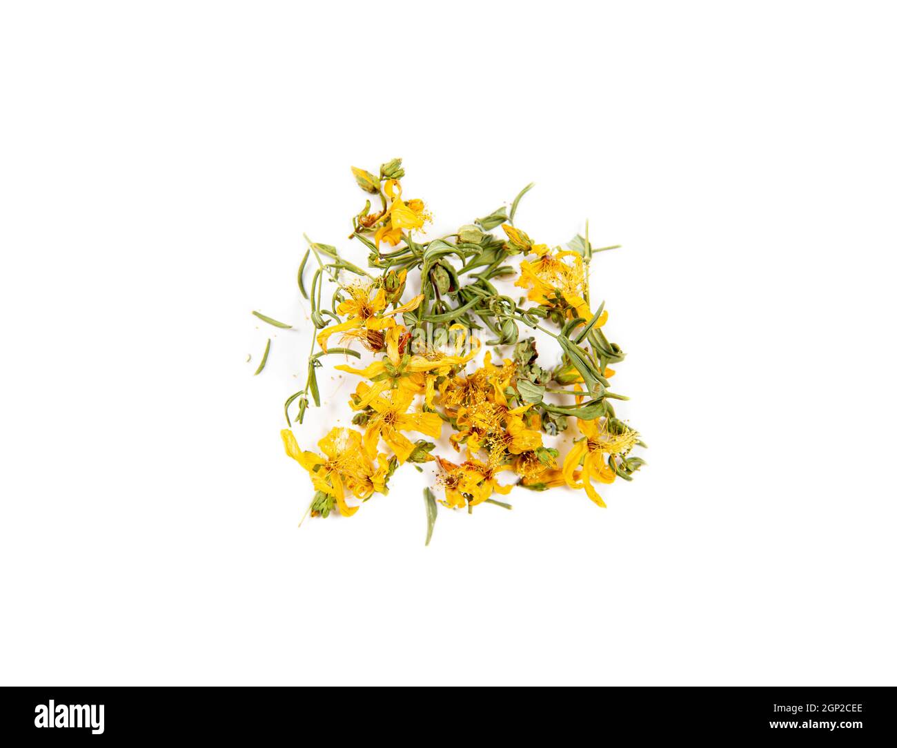 Hypericum perforatum séché connu sous le nom de fleurs et feuilles perforées du millepertuis isolées sur fond blanc. Concept de médecine à base de plantes. Banque D'Images