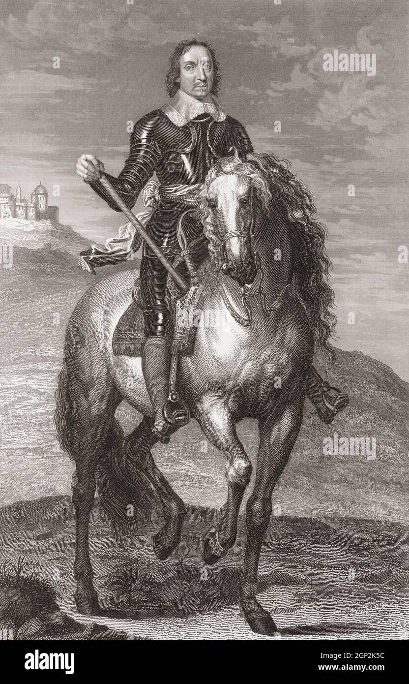 Portrait équestre d'Oliver Cromwell, 1599 - 1658. Chef militaire et politicien anglais. Après une gravure de Francis Holl à partir d'une gravure de Pierre Lombart qui était à son tour basée sur un portrait du roi Charles I par Sir Anthony van Dyck. Pour citer des notes du National Portrait Gallery: Lombart a représenté à l'origine Oliver Cromwell, mais après sa mort et l'effondrement du Commonwealth en 1660, la tête de Cromwell a été polie et ré-gravée comme le roi français Louis XIV Après la mort de Lombart, Louis fut effacé et Cromwell réintégré, comme on l'a vu ici, en réponse à la demande du marché. Banque D'Images