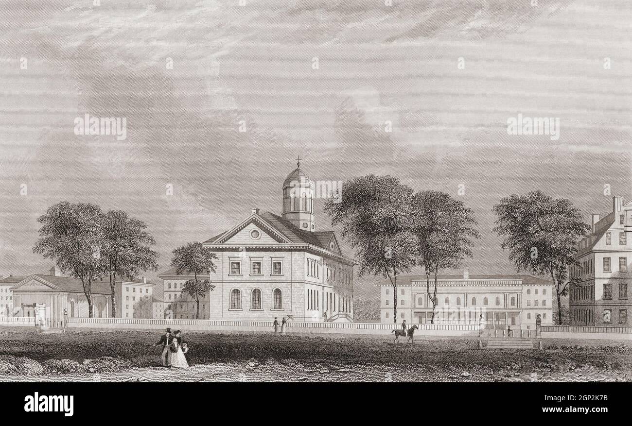 Vue extérieure de l'Université Harvard, Cambridge, Massachusetts, États-Unis d'Amérique. Après une gravure du XIXe siècle par James Archer d'une oeuvre d'Alexander Davis. Cette université de classe mondiale, la plus ancienne des États-Unis, a été fondée en 1636, quand elle était connue sous le nom de Harvard College. Parmi ses anciens élèves, il peut compter huit présidents des États-Unis, et ses anciens élèves, son personnel ou ses associés ont remporté 161 prix Nobel. Banque D'Images