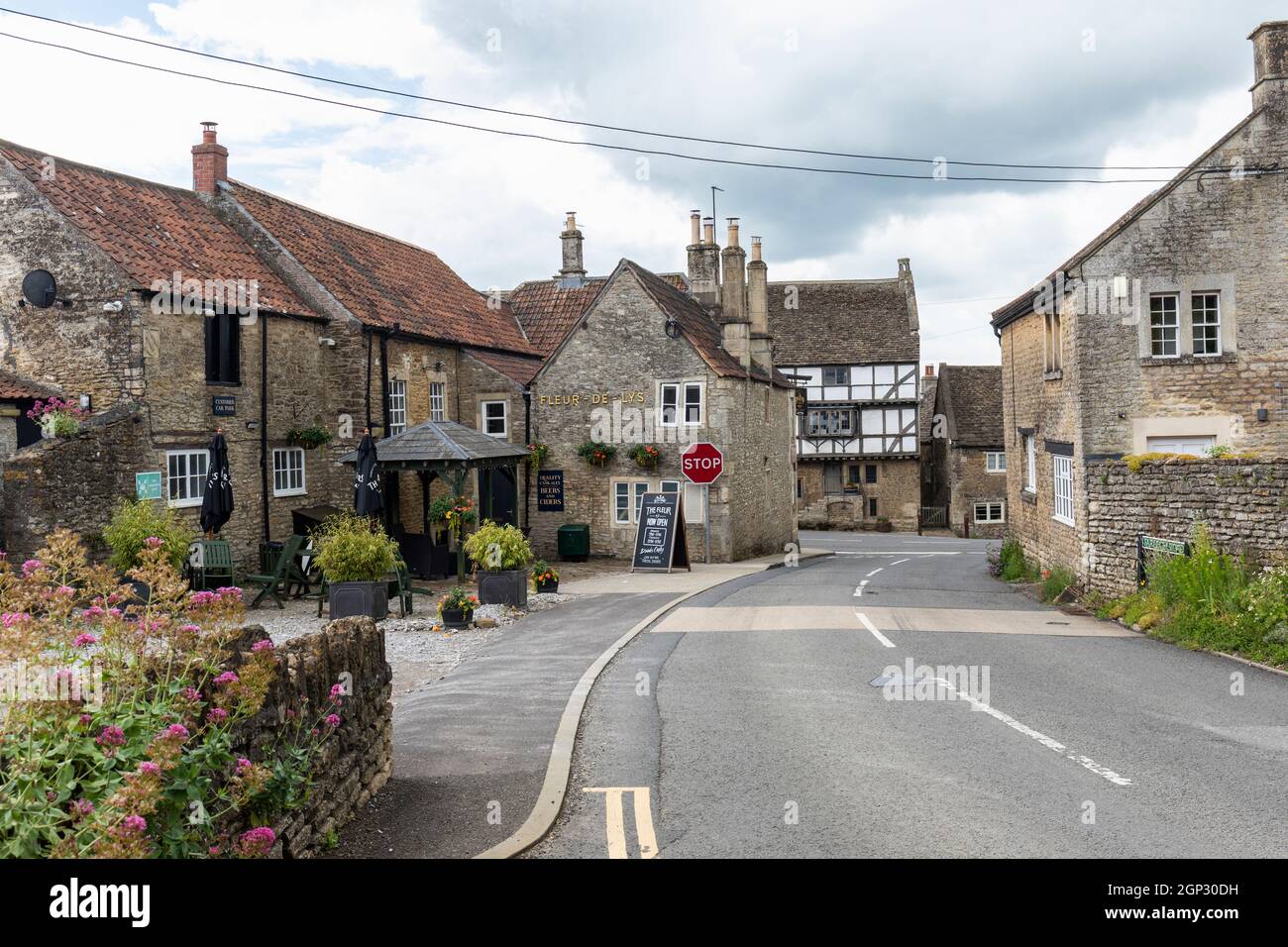 Le Fleur de Lys et le George Inn en arrière-plan. Les deux bâtiments historiques de Norton St Philip, Somerset, Angleterre, Royaume-Uni Banque D'Images