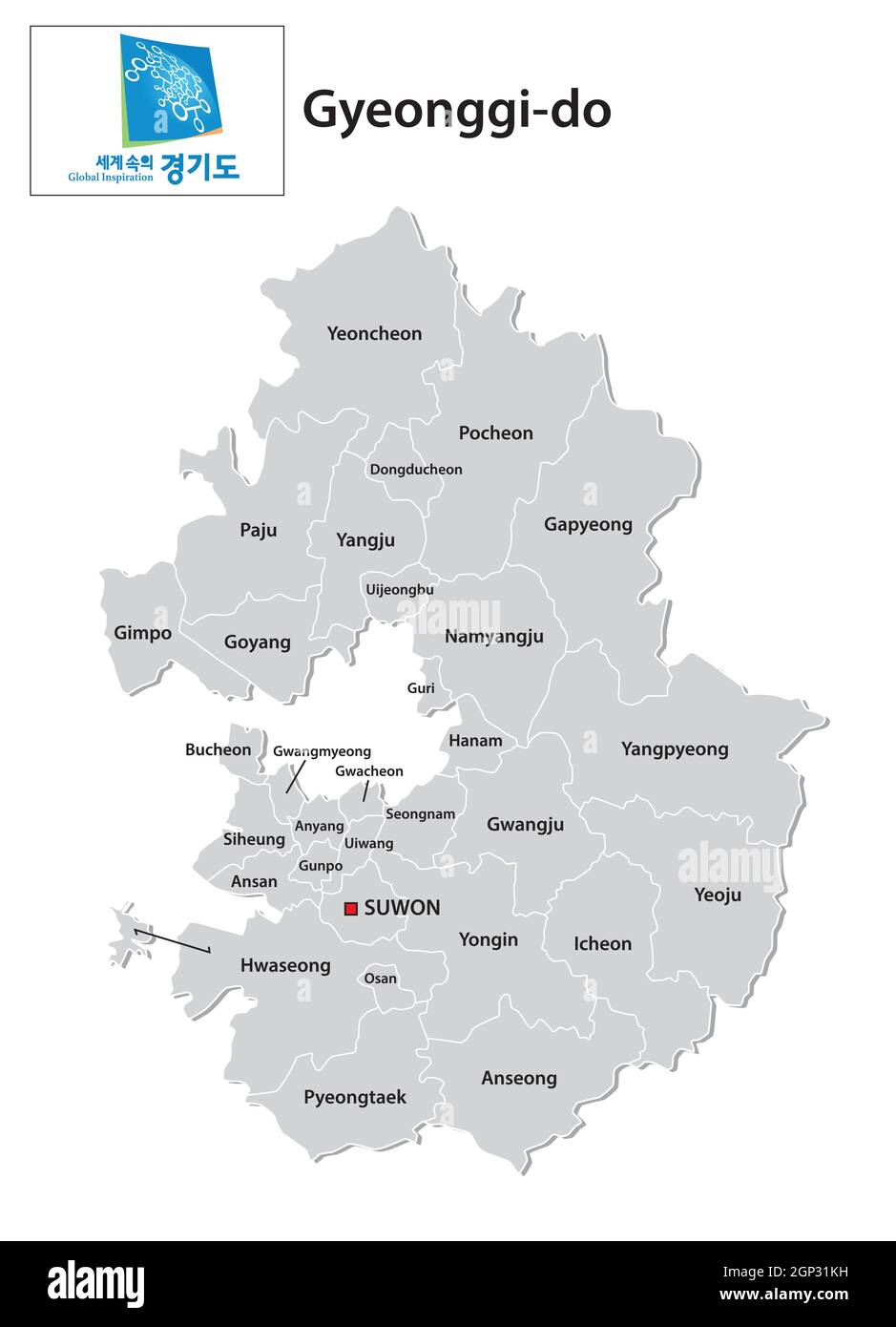 Carte vectorielle administrative de la province sud-coréenne de Gyeonggi-do avec drapeau Illustration de Vecteur