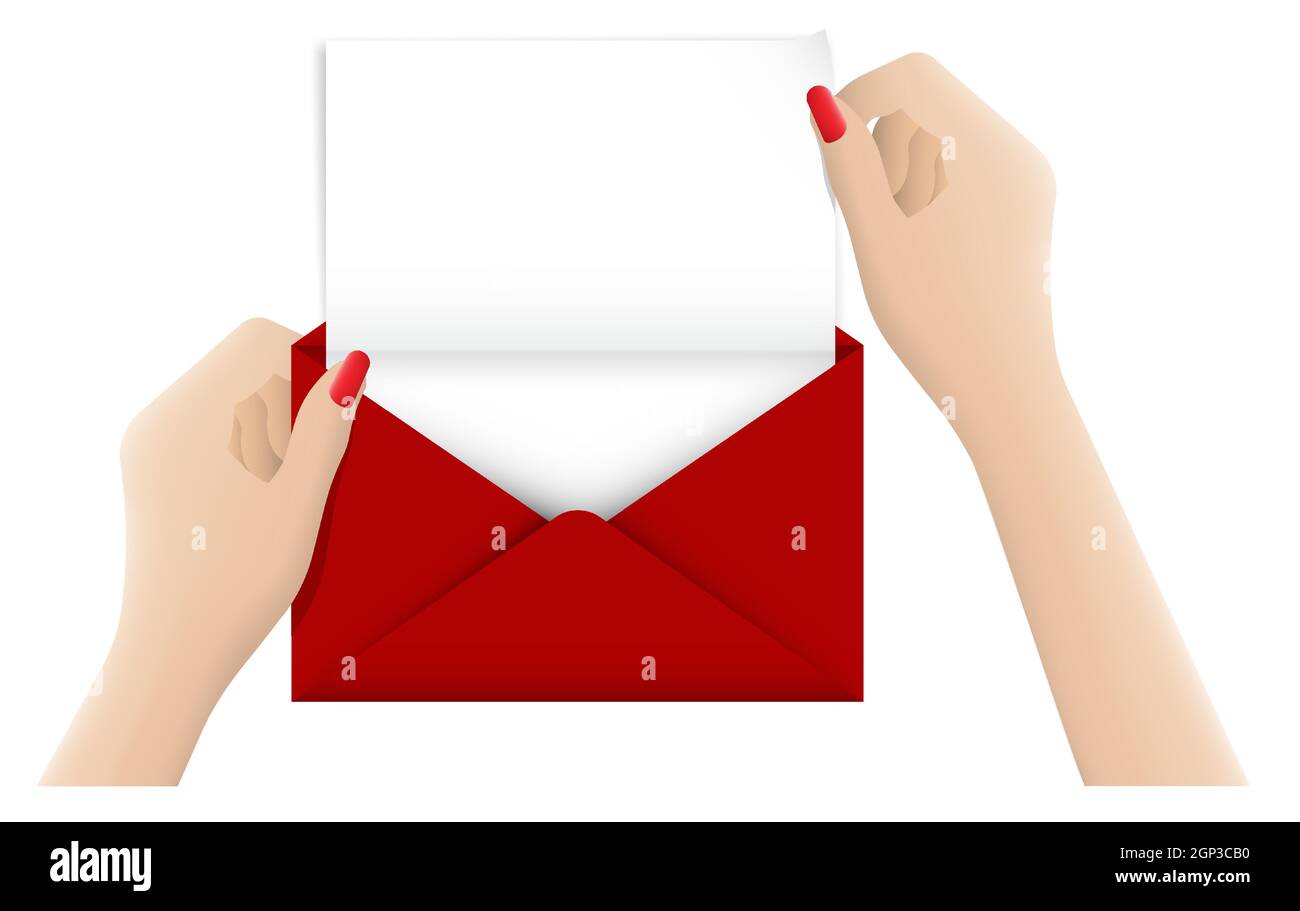 Des mains de femmes réalistes tenant une enveloppe rouge festive avec une feuille de papier blanche vierge à l'intérieur. Cartes de voeux et lettres pour le nouvel an, Noël et Val Illustration de Vecteur