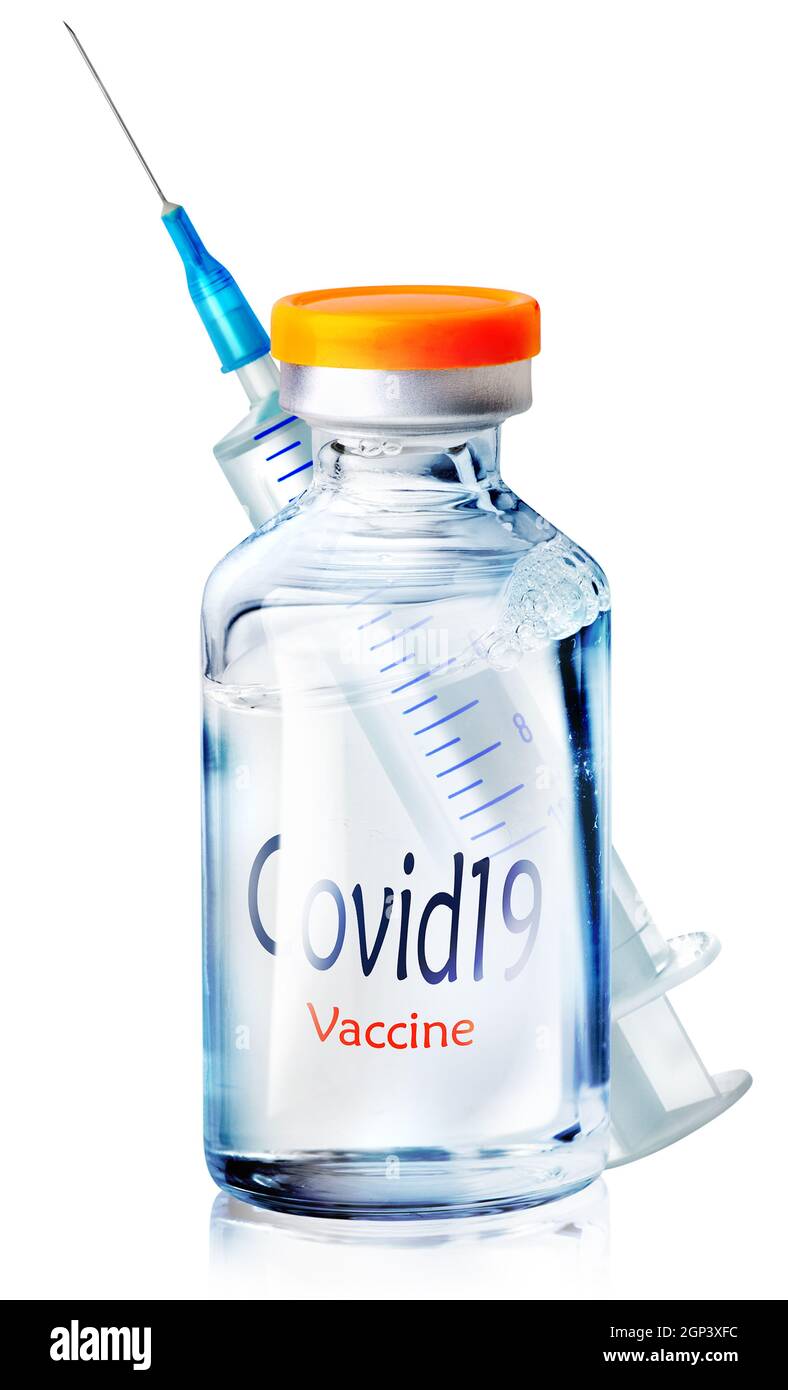 Vaccin Covid dans un récipient isolé sur fond blanc Banque D'Images