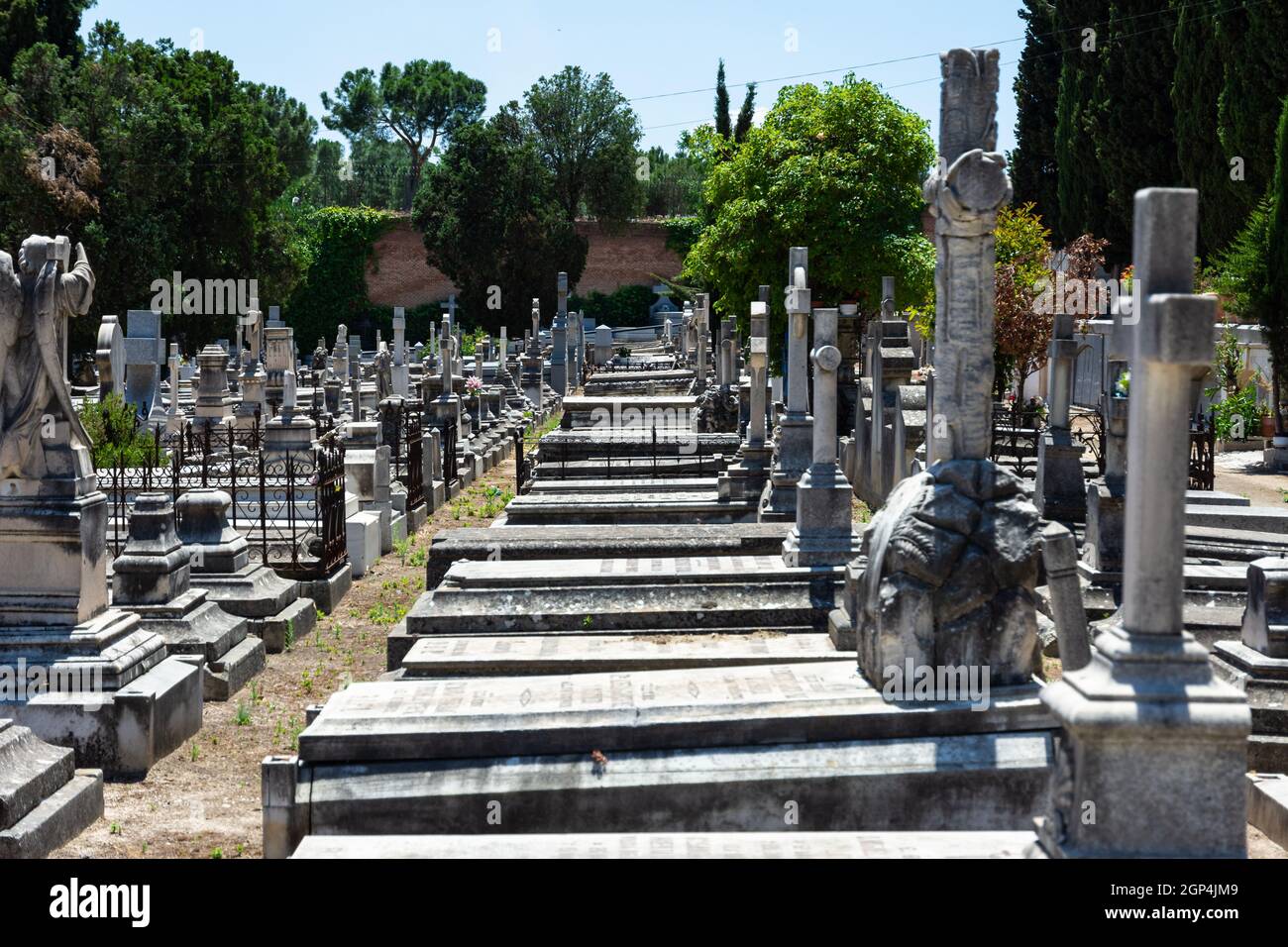 Madrid, Espagne; 6 juin 2021: Rangée de pierres tombales avec un mur et des cyprès dans le fond de l'ancien cimetière de San Isidro à Madrid, Espagne. Co Banque D'Images