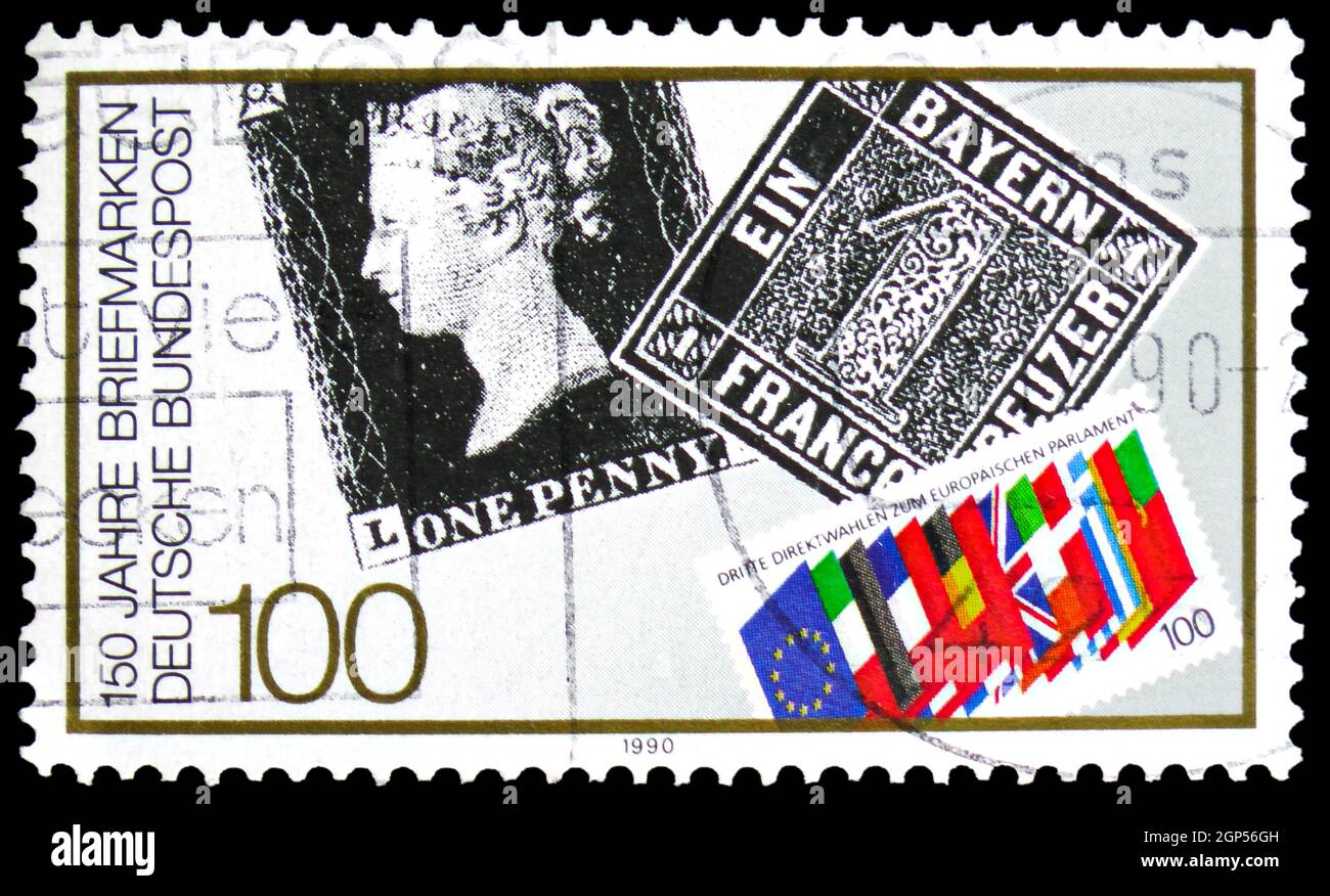 MOSCOU, RUSSIE - 5 AOÛT 2021: Timbre-poste imprimé en Allemagne montre Jubilé de timbre, série du jour 1990 du timbre, vers 1990 Banque D'Images