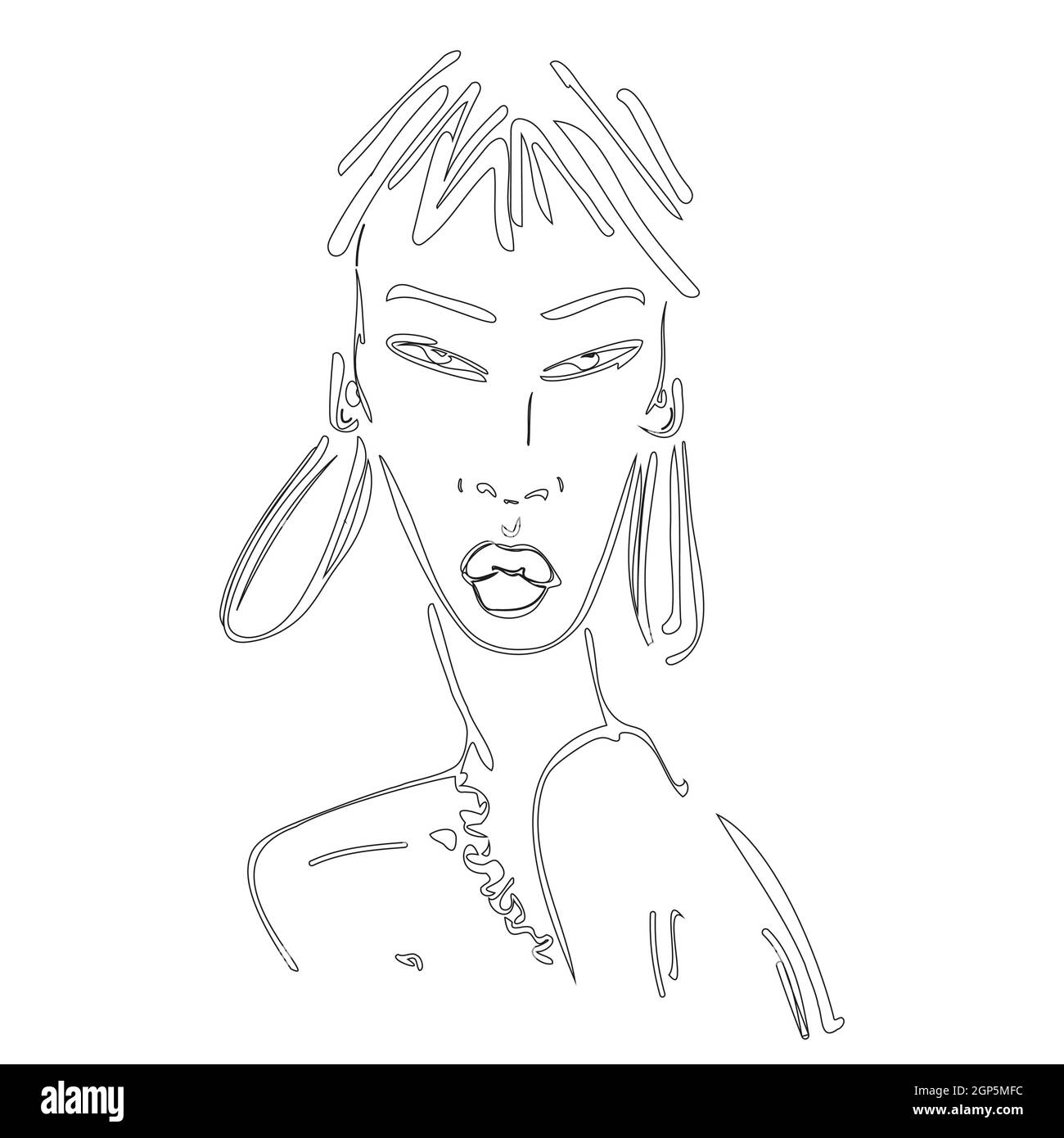 Illustration vectorielle avec le visage d'une femme asiatique avec de grandes boucles d'oreilles et des lèvres complètes. Illustration de Vecteur