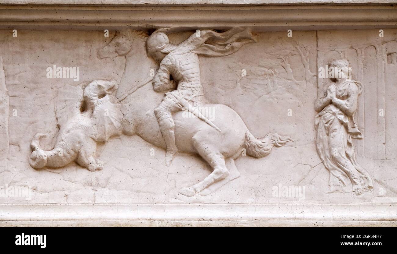 Saint George de libérer la princesse, marbre, Donato di Niccolò di Betto Bardi, connu sous le nom de Donatello, de l'église Orsanmichele à Florence, Toscane, Italie Banque D'Images