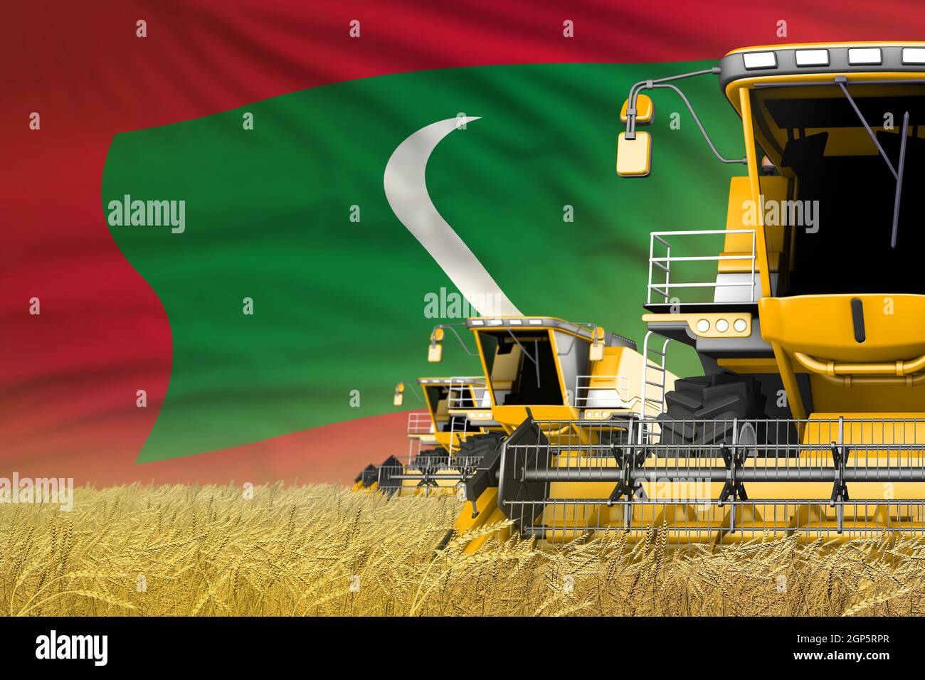 3 moissonneuses-batteuses modernes jaunes avec drapeau Maldives sur champ de grain - vue rapprochée, concept agricole - illustration 3D industrielle Banque D'Images