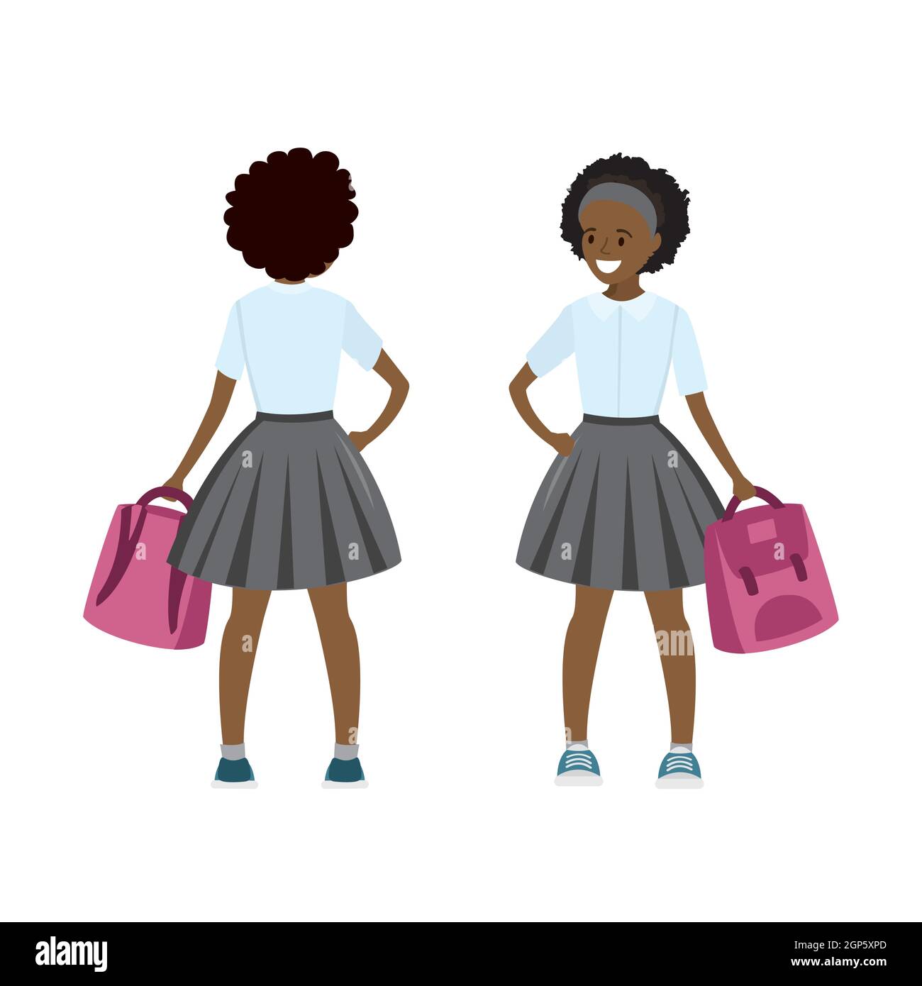Caricature afro-américaine écolière avec sac d'école, adorable personnage de gamin féminin en uniforme, vue avant et arrière, isolé sur fond blanc, vecteur plat Illustration de Vecteur