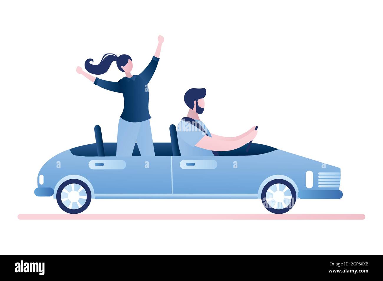 Couple voiture décapotable conduite, vue latérale.conducteur mâle et femme debout sur le siège, personnages drôles en cabriolet auto.isolé sur fond blanc Illustration de Vecteur