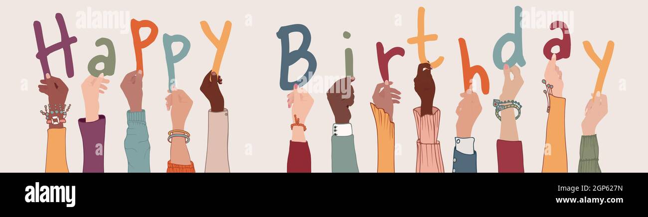 Armes levées de collègues ou d'amis divers multiethniques multiraciaux tenant des lettres formant le texte -Joyeux anniversaire- Communauté Illustration de Vecteur