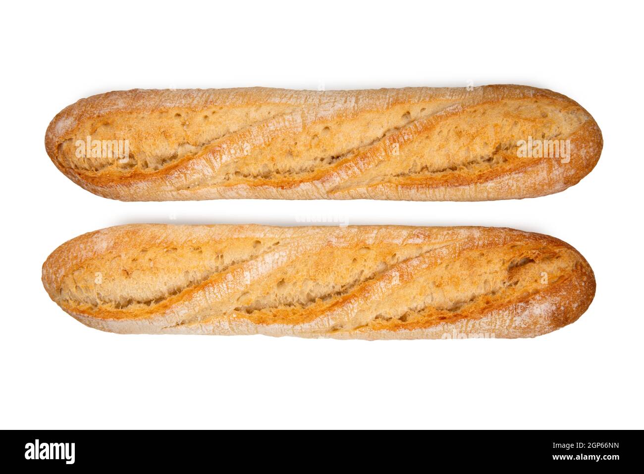 deux pains de baguette de pain frais croquants isolés sur blanc, vue de dessus Banque D'Images