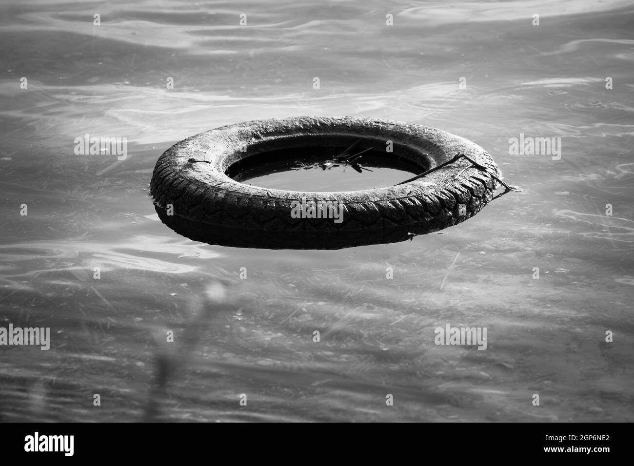 Ancien pneu est couché dans l'eau, le littoral, la pollution de l'environnement Banque D'Images