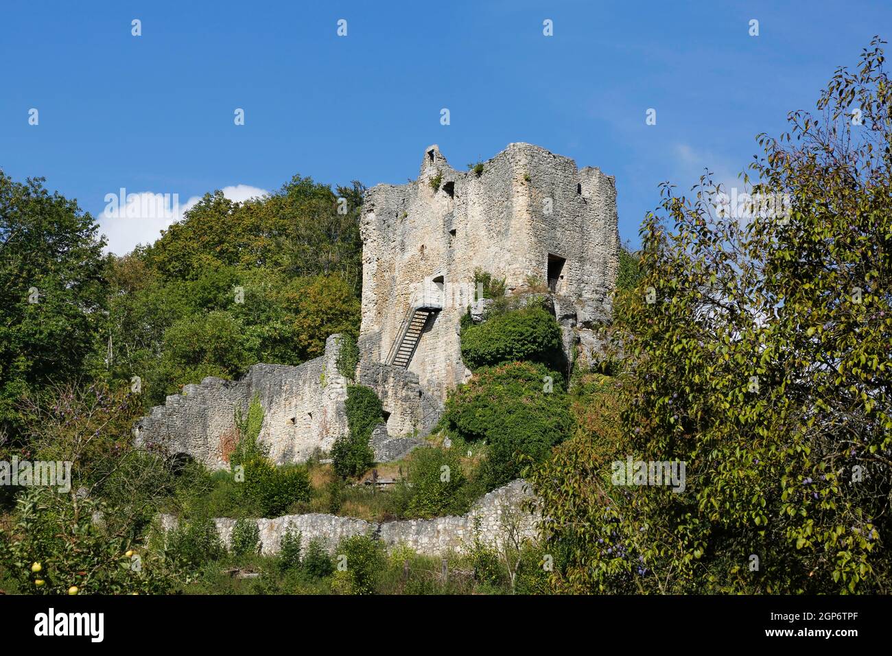Ruine du château de Bichishausen dans la vallée du Grand Lauter près de Muensingen, Bade-Wurtemberg, Allemagne Banque D'Images