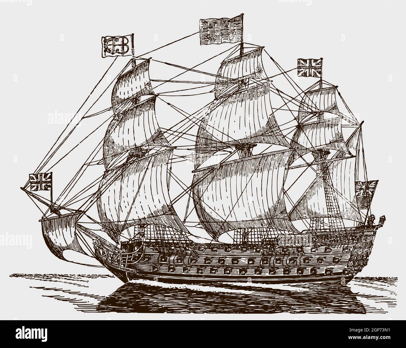 Royal George, navire de guerre anglais historique du XVIIIe siècle en mer Illustration de Vecteur